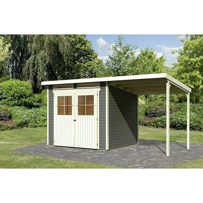 Karibu Gartenhaus Glücksburg - Außenmaß inkl. Dachüberstand (B x T): 439 x 236 cm, Holz, Terragrau, Grundfläche: 5,07 m² - Ein modernes Gartenhaus mit überdachtem Anbau, ideal zur Lagerung oder als Wetterschutz, präsentiert sich in stilvollem Design.