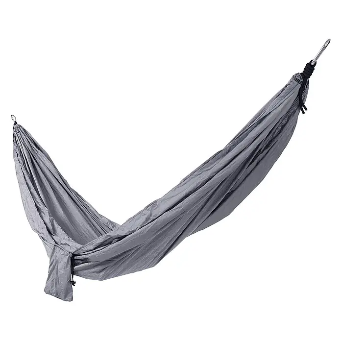 SVITA Hängematte - L x B: 270 x 140 cm, Sonstiges, Grau - Graue leichte Stoffhängematte mit Karabinern an beiden Enden, bereit zum Aufhängen.