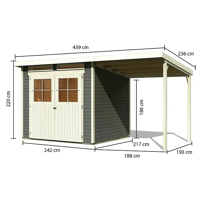 Karibu Gartenhaus Glücksburg - Außenmaß inkl. Dachüberstand (B x T): 439 x 236 cm, Holz, Terragrau, Grundfläche: 5,07 m² - Abbildung eines Gartenhauses mit den Maßangaben zu Höhe, Breite und Länge des Hauses und des Vordachs.