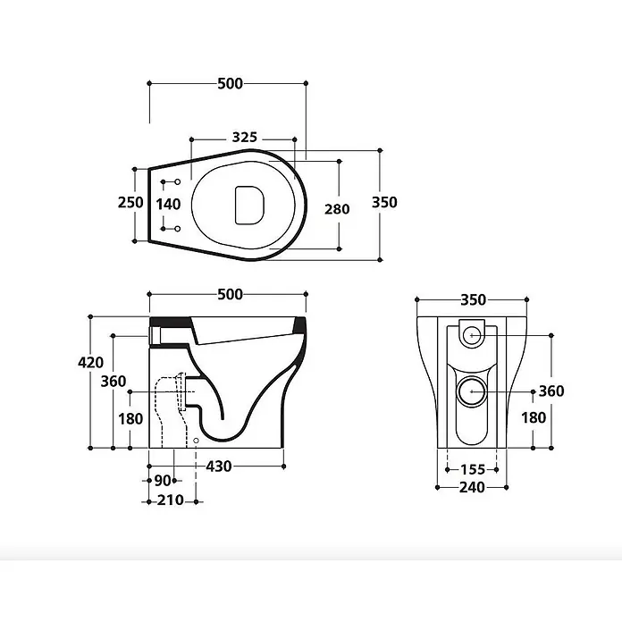 Kiamami Valentina Stand-WC-Kombination - Mit Spülrand, WC Abgang: Senkrecht, Weiß - Technische Zeichnung einer Toilette mit detaillierten Maßen von oben, Seite und vorne.
