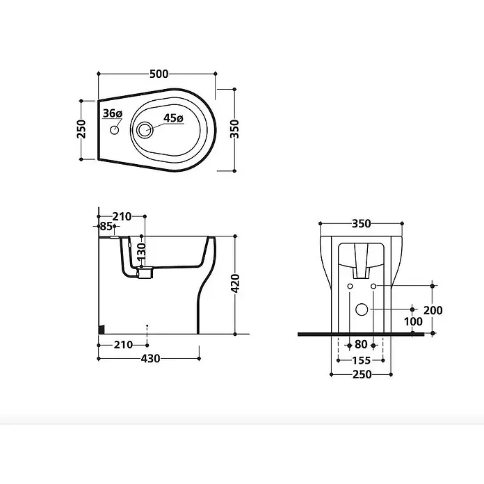 Kiamami Valentina Stand-WC-Kombination - Mit Spülrand, WC Abgang: Senkrecht, Weiß - Technisches Diagramm eines wandhängenden Keramikbidets mit Bemaßungen.