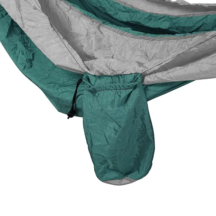 SVITA Hängematte - L x B: 300 x 200 cm, Sonstiges, Grün - Gekreppte grau-türkisfarbene Hängematte mit integriertem türkisfarbenen Packsack mit schwarzem Kordelzug und Stopper.