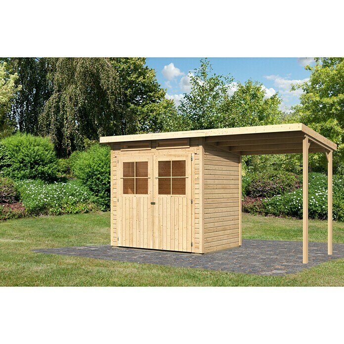 Karibu Gartenhaus Glücksburg (Außenmaß inkl. Dachüberstand (B x T): 415 x 175 cm, Holz, Natur, Grundfläche: 3,02 m²)