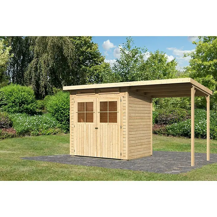 Karibu Gartenhaus Glücksburg - Außenmaß inkl. Dachüberstand (B x T): 415 x 175 cm, Holz, Natur, Grundfläche: 3,02 m² - Holzgartenhaus mit Doppeltür und Vordach auf gepflasterter Fläche, umgeben von Grün.