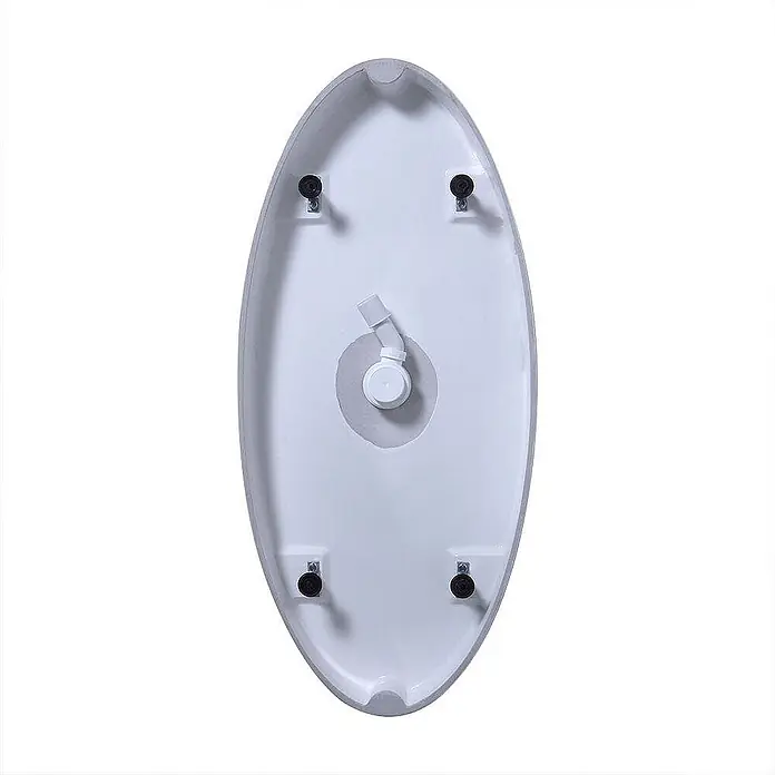 Kiamami Valentina Freistehende Badewanne - L x B: 1.580 x 718 cm, ABS-Kunststoff und Acryl, Weiß - Weiße ovale Basis mit vier schwarzen Füßen und einem zentralen Ablaufanschluss mit abgewinkeltem Rohr.