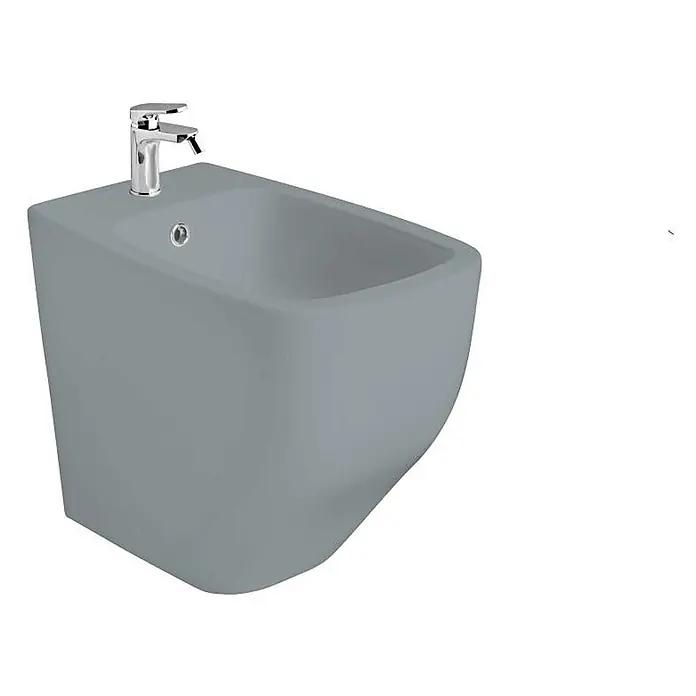 Kiamami Valentina Stand-WC-Kombination - Spülrandlos, WC Abgang: Senkrecht, Grau - Modernes graues Bidet mit glänzendem Chromhahn.