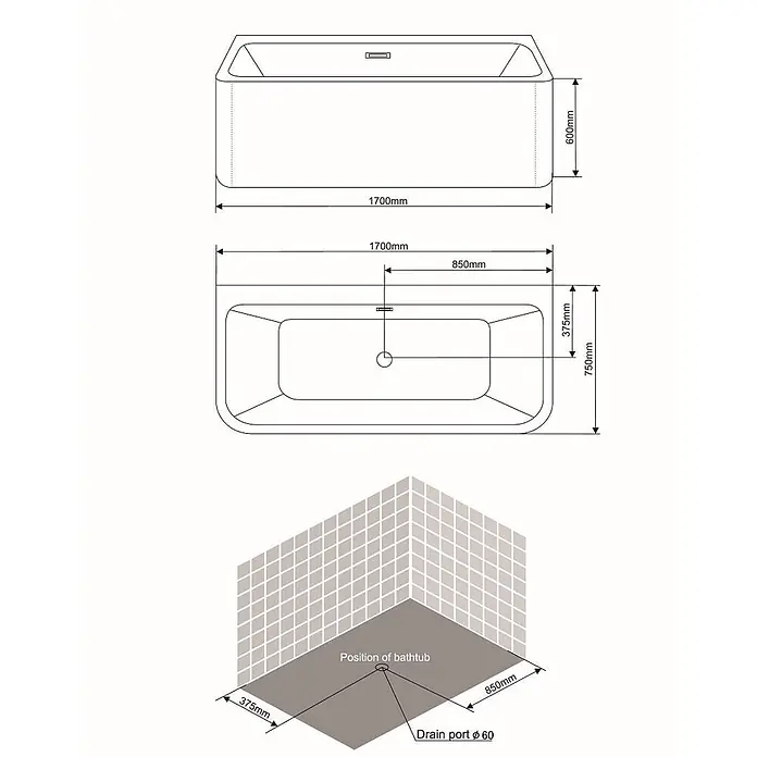 Kiamami Valentina Freistehende Badewanne - L x B: 1.700 x 750 cm, ABS-Kunststoff und Acryl, Weiß - Technische Zeichnung einer Badewanne mit Maßen (1700x750x600mm) und Ablaufdetails.