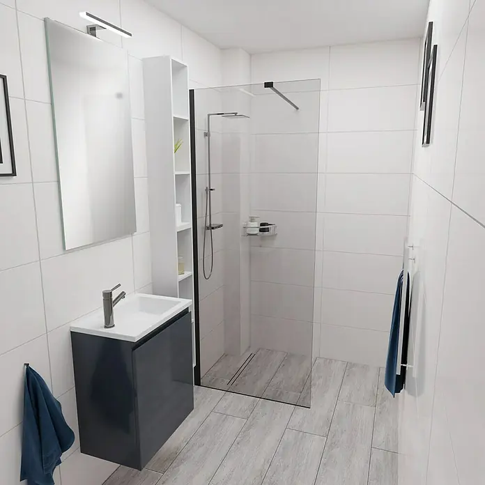 Camargue Espacio Badmöbel-Set F5 - 70 cm, Gama anthrazit glänzend - Ein modernes Badezimmer mit einem grauen Waschtisch, einem großen Spiegel und einer begehbaren Dusche mit Glaswand. Helle, freundliche Atmosphäre.