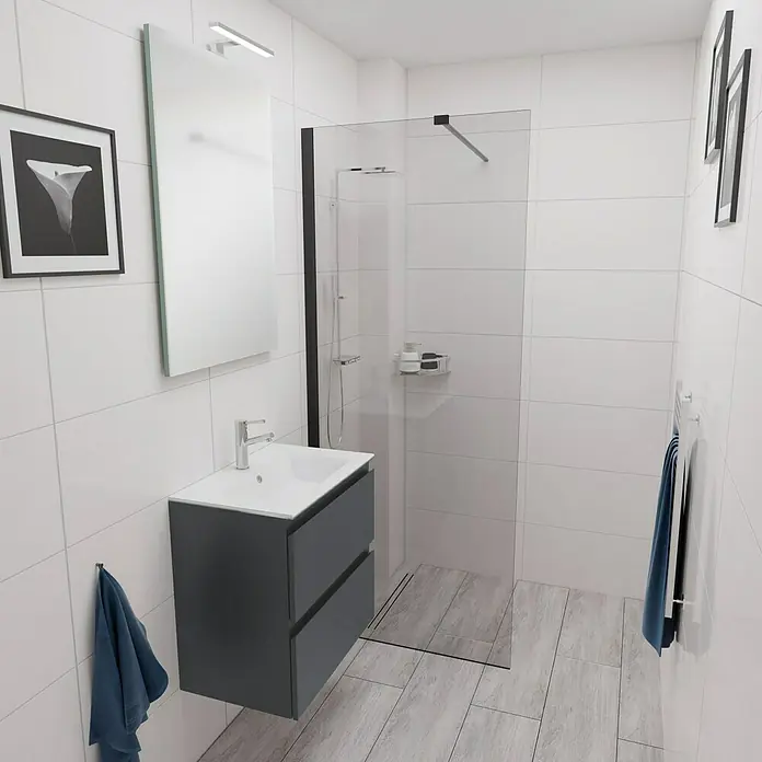 Camargue Espacio Badmöbel-Set E53 - 60 cm, Gama anthrazit matt - Modernes Badezimmer mit einem grauen Waschtischunterschrank, einem Spiegel und einer Duschkabine. Die weißen Fliesen sorgen für eine helle Atmosphäre.
