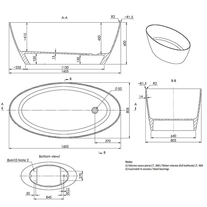 Kiamami Valentina Freistehende Badewanne - L x B: 1.605 x 805 cm, ABS-Kunststoff und Acryl, Weiß - Technische Zeichnung einer ovalen Badewanne mit detaillierten Maßen, Ober-, Unter- und Querschnittsansichten, Angabe von 360L Wasservolumen und Stahlauflagern.