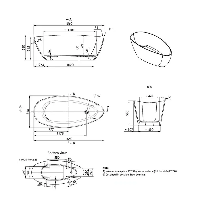 Kiamami Valentina Freistehende Badewanne - L x B: 1.570 x 710 cm, ABS-Kunststoff und Acryl, Weiß - Technische Zeichnung einer ovalen freistehenden Badewanne mit Maßen, Wasservolumen und Montageinformationen.
