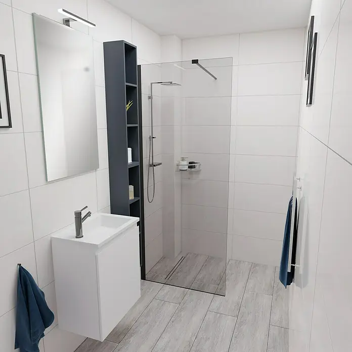 Camargue Espacio Badmöbel-Set F2 - 70 cm, Gama weiß matt - Badezimmer-Interieur mit modernem Waschbecken, Spiegel, Regal und ebenerdiger Dusche. Das Design ist minimalistisch und hell gehalten.