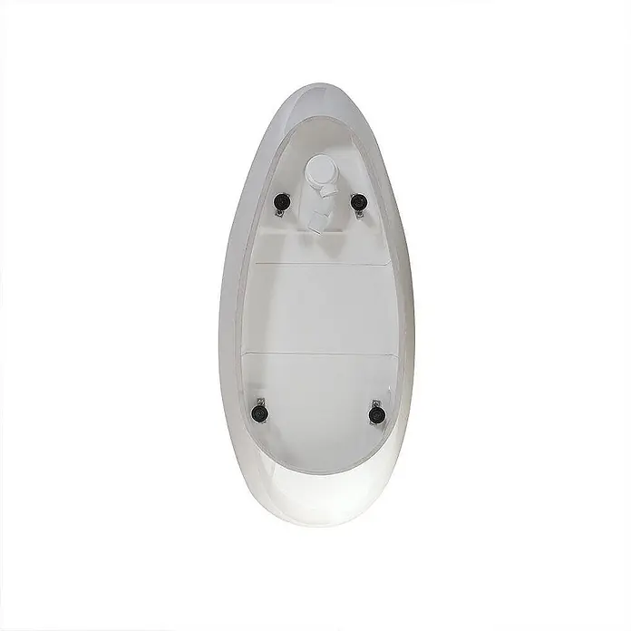 Kiamami Valentina Freistehende Badewanne - L x B: 1.570 x 710 cm, ABS-Kunststoff und Acryl, Weiß - Unterseite eines weißen, ovalen Wandspenders mit transparenter Abdeckung und schwarzen Befestigungspunkten.