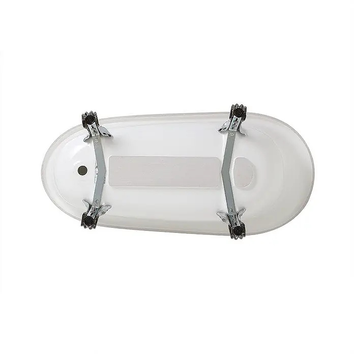 Kiamami Valentina Freistehende Badewanne - L x B: 1.670 x 752 cm, ABS-Kunststoff und Acryl, Weiß - Unteransicht einer weißen Badewanne mit Metallstützstangen, vier Klauenfüßen und einer Abflussöffnung.