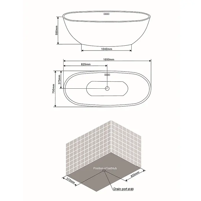 Kiamami Valentina Freistehende Badewanne - L x B: 1.650 x 750 cm, ABS-Kunststoff und Acryl, Weiß - Technische Zeichnung einer freistehenden ovalen Badewanne mit Maßen und Ablaufanschlussdetails.