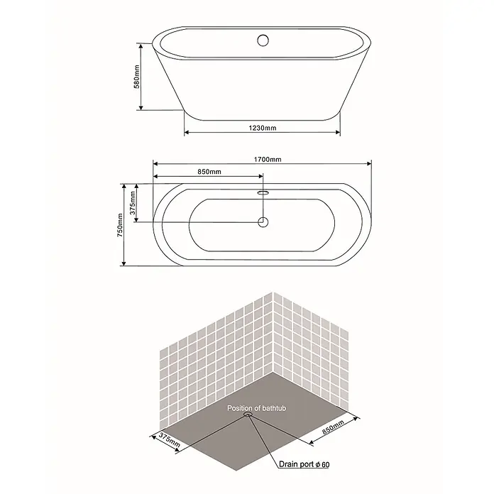 Kiamami Valentina Freistehende Badewanne - L x B: 1.700 x 750 cm, ABS-Kunststoff und Acryl, Weiß - Technische Zeichnung einer ovalen freistehenden Badewanne, Maße (1700x750x580mm) und Position des zentralen Ablaufs (Ø60mm).