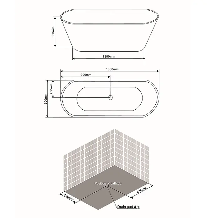 Kiamami Valentina Freistehende Badewanne - L x B: 1.800 x 800 cm, ABS-Kunststoff und Acryl, Weiß - Technische Zeichnung einer freistehenden Badewanne mit Maßen und Ablaufposition für die Installation.