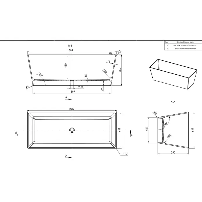 Kiamami Valentina Freistehende Badewanne - L x B: 1.590 x 650 cm, ABS-Kunststoff und Acryl, Weiß - Technische Zeichnung einer rechteckigen Badewanne mit schrägen Seiten, Maßen und isometrischer Ansicht.