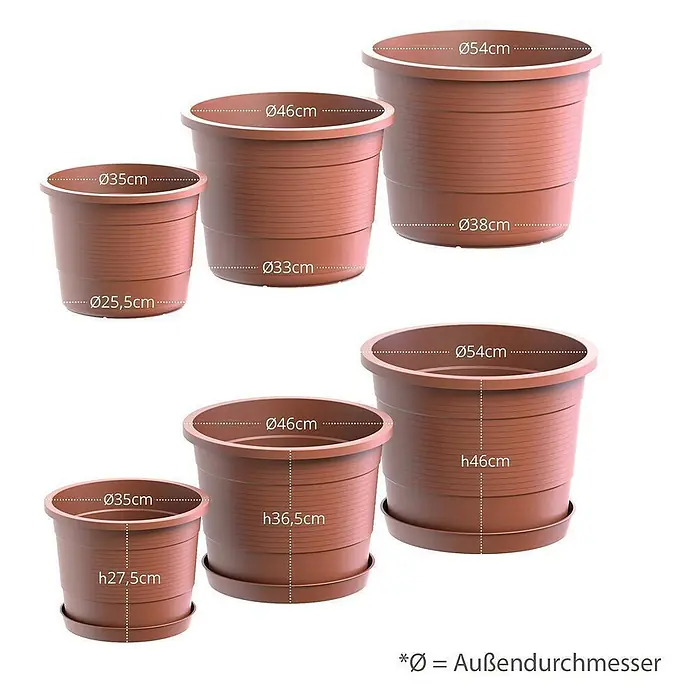 Plastard Pflanztopf Terra 3er Set Ø54 cm in Terrakotta – Blumentopf - Außenmaß (Ø x H): 54 x 45,5 cm, Kunststoff, Terrakotta - Set aus drei terrakottafarbenen Kunststoff-Pflanztöpfen mit passenden Untersetzern, inklusive externer Durchmesser und Höhenangaben.