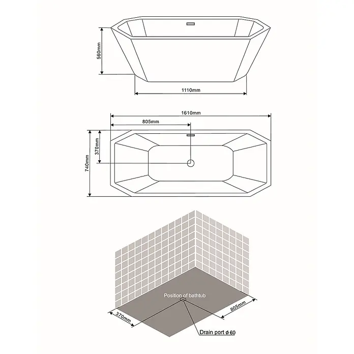 Kiamami Valentina Freistehende Badewanne - L x B: 1.610 x 740 cm, ABS-Kunststoff und Acryl, Weiß - Technische Zeichnung einer weißen freistehenden geometrischen Badewanne mit Maßen und Ablaufposition.