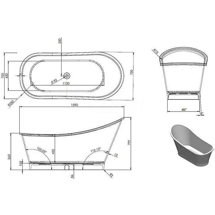 Kiamami Valentina Freistehende Badewanne - L x B: 1.590 x 490 cm, ABS-Kunststoff und Acryl, Weiß - Technische Zeichnung einer ovalen freistehenden Badewanne mit Maßen und einer 3D-Darstellung.
