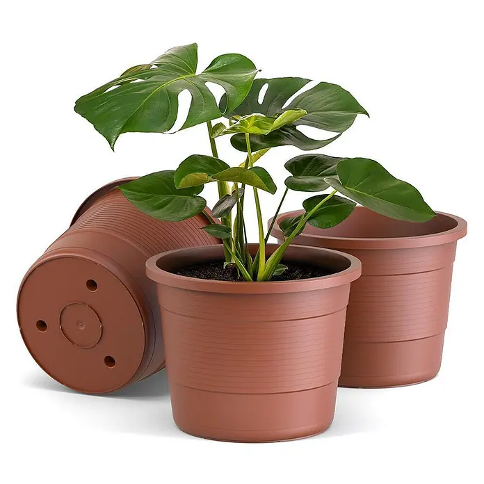 Plastard Pflanztopf Terra 3er Set Ø54 cm in Terrakotta – Blumentopf - Außenmaß (Ø x H): 54 x 45,5 cm, Kunststoff, Terrakotta - Dreier-Set braune Kunststoff-Pflanztöpfe, einer mit grüner Monstera, einer leer, einer mit Drainagelöchern.