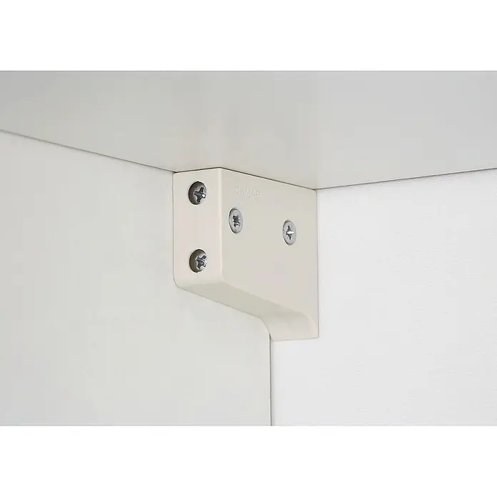 Optifit Küchenleerblock Bengt932 - Breite: 210 cm, Weiß, Ohne Elektrogeräte - Hellbeiger Kunststoff-Eckverbinder mit 'CAMAR' Logo und Schrauben, verbindet zwei Platten.