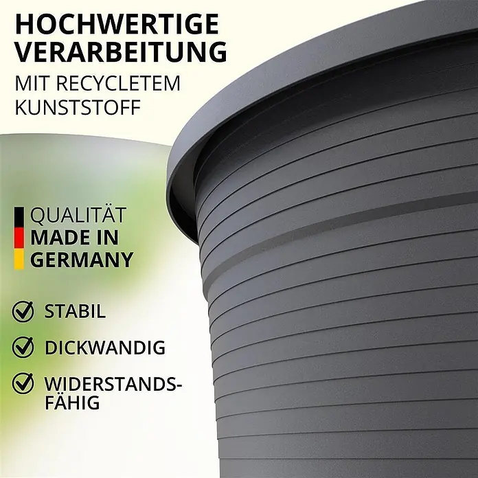 Plastard Pflanztopf Terra 3er Set Ø46 cm in Anthrazit – Blumentopf - Außenmaß (Ø x H): 46 x 36 cm, Kunststoff, Anthrazit - Dunkelgrauer, gerippter Blumentopf aus recyceltem Kunststoff, betont deutsche Qualität und Robustheit.