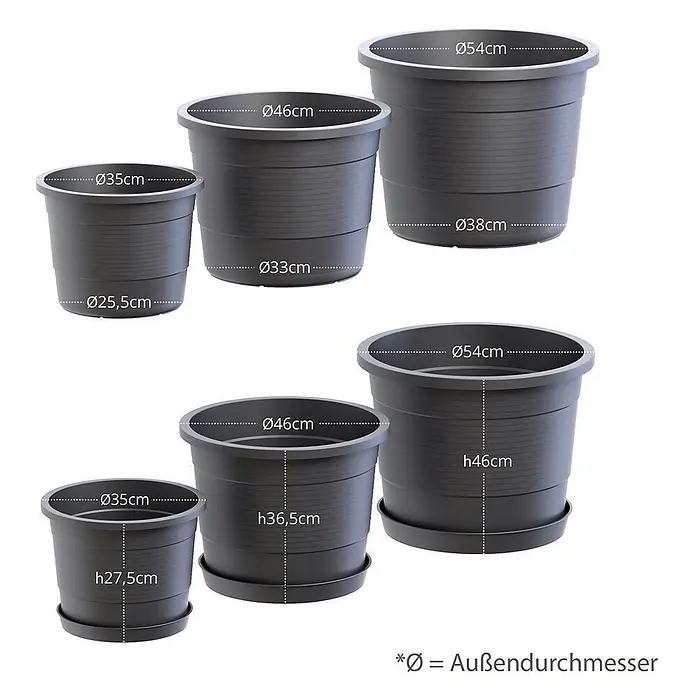 Plastard Pflanztopf Terra 3er Set Ø35 cm mit Untersetzer Anthrazit – Blumentopf - Außenmaß (Ø x H): 35 x 27 cm, Kunststoff, Anthrazit - Set grauer Kunststoff-Pflanztöpfe in verschiedenen Größen, mit Außendurchmessern und Höhenangaben.