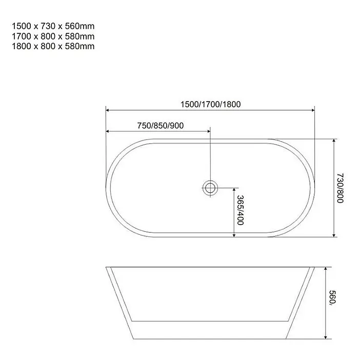 Kiamami Valentina Freistehende Badewanne - L x B: 1.500 x 730 cm, ABS-Kunststoff und Acryl, Weiß - Technische Zeichnung einer ovalen Badewanne mit mehreren Maß- und Größenoptionen (Länge, Breite, Höhe).