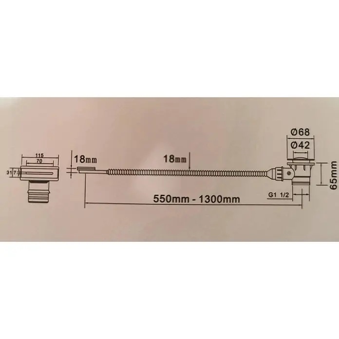 Kiamami Valentina Freistehende Badewanne - L x B: 1.500 x 730 cm, ABS-Kunststoff und Acryl, Weiß - Technische Zeichnung eines flexiblen Badewannenablauf- und Überlaufsystems mit Maßen (Länge 550-1300mm, Durchmesser, Gewindegröße).