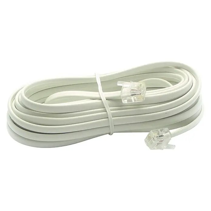 Metronic Cable telefónico RJ11 - Largo: 5 m - Cable telefónico blanco enrollado con conectores RJ11 transparentes en ambos extremos, sujeto con una brida.