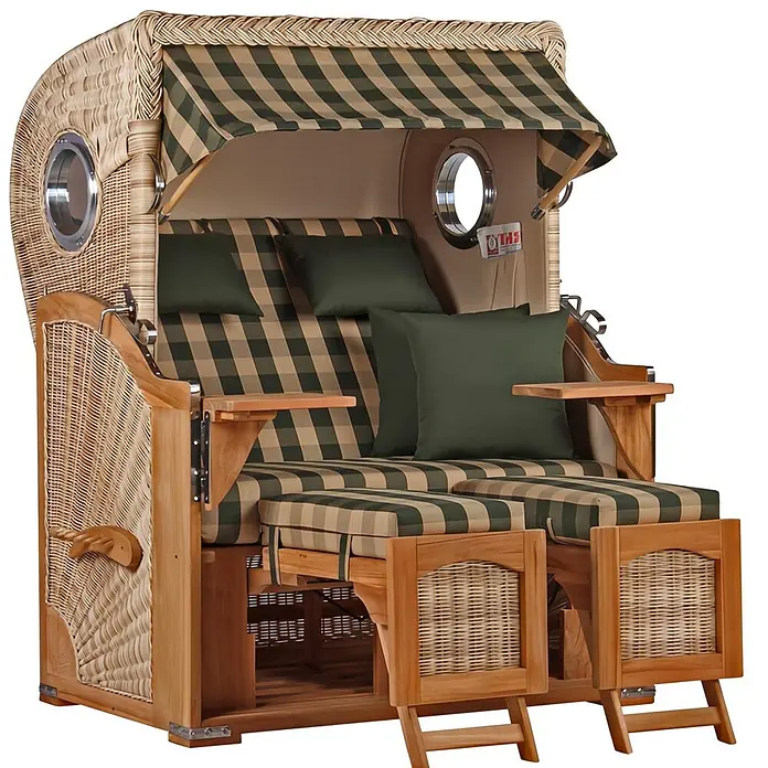 Mr. Deko Strandstuhl Strandkorb Düne Bullauge Teak PE Shell Dessin 506 - Teakholz. Polyrattan, Rückenlehne verstellbar, PE Shell, B x T x H: 125 x 80 x 170 cm - Traditioneller Strandkorb aus Korbgeflecht mit grün-beige gestreifter Markise und Kissen, Holzrahmen, verstellbaren Fußstützen und Bullaugen.
