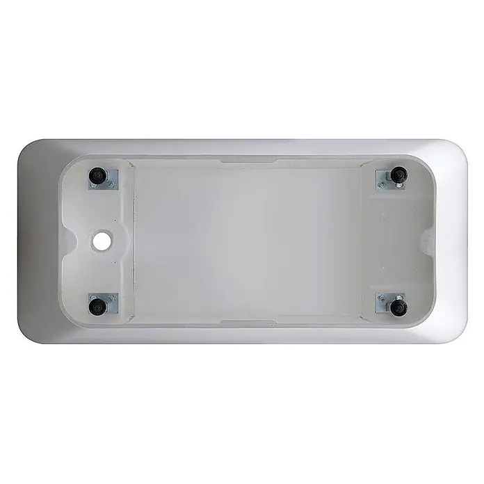 Kiamami Valentina Freistehende Badewanne - L x B: 1.590 x 705 cm, ABS-Kunststoff und Acryl, Weiß - Unterseite einer weißen rechteckigen Badewanne oder Duschwanne mit vier schwarzen Rollen und einem zentralen Abflussloch.