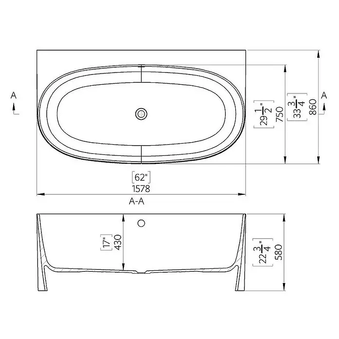 Kiamami Valentina Freistehende Badewanne - L x B: 1.580 x 860 cm, ABS-Kunststoff und Acryl, Weiß - Technisches Diagramm einer ovalen freistehenden Badewanne mit Draufsicht, Querschnitt und Bemaßungen in Zoll und Millimetern.