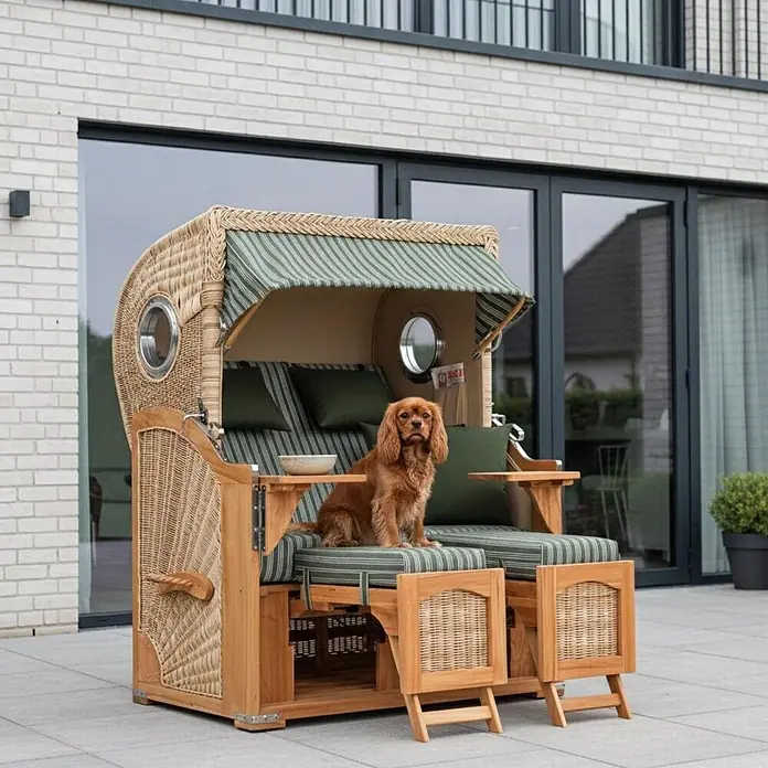 Mr. Deko Strandstuhl Strandkorb Düne Bullauge Teak PE Shell Dessin 504 - Teakholz. Polyrattan, Rückenlehne verstellbar, PE Shell, B x T x H: 125 x 80 x 170 cm - Strandkorb aus Holz und Geflecht mit grün gestreiften Polstern, in dem ein Hund auf einer Terrasse sitzt.