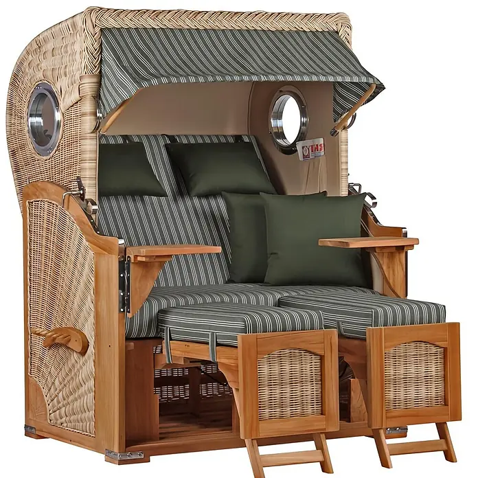 Mr. Deko Strandstuhl Strandkorb Düne Bullauge Teak PE Shell Dessin 504 - Teakholz. Polyrattan, Rückenlehne verstellbar, PE Shell, B x T x H: 125 x 80 x 170 cm - Strandkorb aus Korbgeflecht und Holz mit gestreiften und olivgrünen Kissen, Bullaugen und ausziehbaren Fußteilen.
