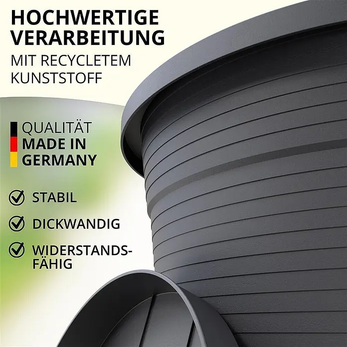 Plastard Pflanztopf Terra 3er Set Ø35 cm mit Untersetzer Anthrazit – Blumentopf - Außenmaß (Ø x H): 35 x 27 cm, Kunststoff, Anthrazit - Dunkelgrauer, gerippter Pflanztopf aus recyceltem Kunststoff, stabil und dickwandig.