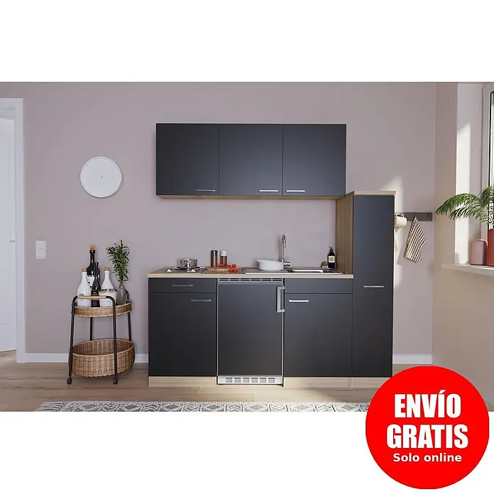 Respekta Cocina compacta Luis - Ancho: 180 cm, Negro, Color del cuerpo: Marrón, Placa de cocción doble y frigorífico - Cocina compacta con gabinetes gris oscuro y detalles en madera clara, incluye fregadero, placa y nevera integrada.