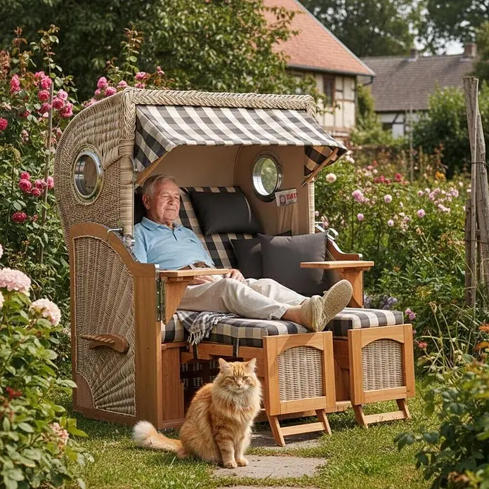 Mr. Deko Strandstuhl Strandkorb Düne - Teakholz. Polyrattan, Rückenlehne verstellbar, PE Shell, B x T x H: 125 x 80 x 170 cm - Strandkorb aus Korbgeflecht und Holz mit karierten Polstern, ein Mann und eine Katze entspannen sich in einem üppigen Garten.