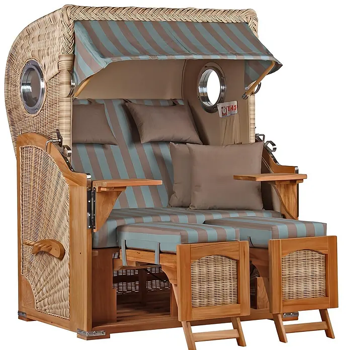 Mr. Deko Strandstuhl Strandkorb Düne - Teakholz. Polyrattan, Rückenlehne verstellbar, PE Shell, B x T x H: 125 x 80 x 170 cm - Ein klassischer Strandkorb aus Korbgeflecht und Holz, mit gestreiften Polstern, Kissen, ausziehbaren Fußteilen und Beistelltischen.