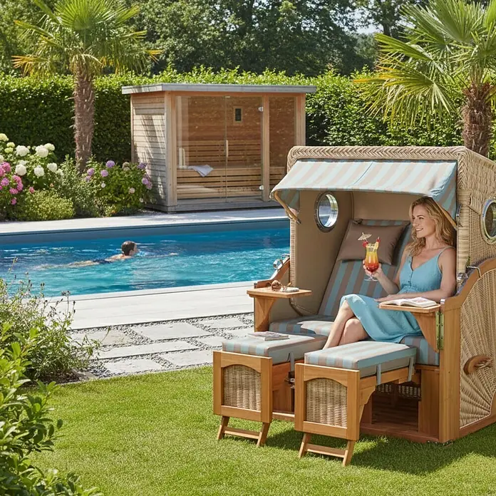 Mr. Deko Strandstuhl Strandkorb Düne - Teakholz. Polyrattan, Rückenlehne verstellbar, PE Shell, B x T x H: 125 x 80 x 170 cm - Eleganter Strandkorb aus Korbgeflecht mit gestreiften Kissen, in dem eine Frau am Pool und Sauna entspannt.