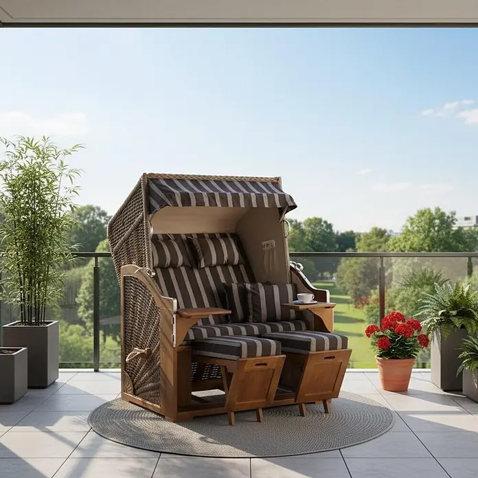 Bene Living Strandstuhl Strandkorb Schleswig Pinie Braun PE Mokka Dessin 554 - 1 Stk., Pinienholz. Polyrattan, Rückenlehne verstellbar, PE Mokka - Geflochtener Strandkorb aus Holz mit gestreiften Kissen auf einem Balkon zur Entspannung im Freien.