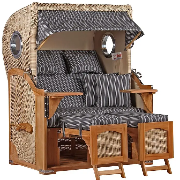 Mr. Deko Strandstuhl Strandkorb Düne Bullauge Teak PE Shell Dessin 500 - Teakholz. Polyrattan, Rückenlehne verstellbar, PE Shell, B x T x H: 125 x 80 x 170 cm - Zweisitziger Strandkorb aus Naturrattan und Holz, mit dunkelgrau gestreiften Polstern und ausziehbaren Fußstützen.