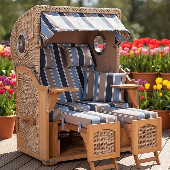 Mr. Deko Strandstuhl Strandkorb Düne Bullauge Teak PE Shell Dessin 580 - Teakholz. Polyrattan, Rückenlehne verstellbar, PE Shell, B x T x H: 125 x 80 x 170 cm - Strandkorb aus Rattan und Holz mit blau-braun gestreiften Polstern und ausziehbaren Fußstützen.