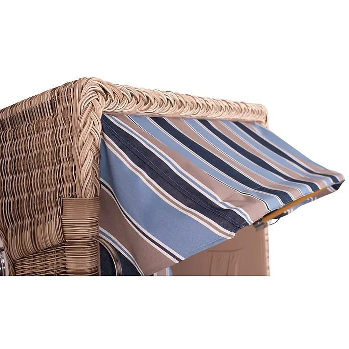 Mr. Deko Strandstuhl Strandkorb Düne Bullauge Teak PE Shell Dessin 580 - Teakholz. Polyrattan, Rückenlehne verstellbar, PE Shell, B x T x H: 125 x 80 x 170 cm - Strandkorb aus Korbgeflecht mit gestreiftem Stoffdach in Blau, Braun und Weiß.