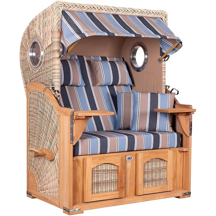 Mr. Deko Strandstuhl Strandkorb Düne Bullauge Teak PE Shell Dessin 580 - Teakholz. Polyrattan, Rückenlehne verstellbar, PE Shell, B x T x H: 125 x 80 x 170 cm - Strandkorb aus Rattan und Teakholz mit blau-braun gestreiften Kissen und Verdeck.