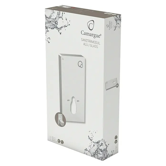 Camargue Sanitärmodul für Wand-WC - 2-Mengen-Spülung, 10,8 x 48,3 x 100 cm, Glasverkleidung, Weiß - Verpackung des Camargue Sanitärmoduls aus Alu/Glas, elegantes Design für moderne Badezimmer.