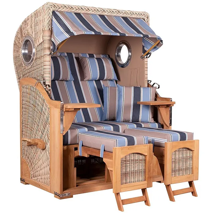 Mr. Deko Strandstuhl Strandkorb Düne Bullauge Teak PE Shell Dessin 580 - Teakholz. Polyrattan, Rückenlehne verstellbar, PE Shell, B x T x H: 125 x 80 x 170 cm - Strandkorb aus Korbgeflecht und Holz mit blau, braun, weiß gestreiften Polstern, ausziehbaren Fußteilen und Klapptischen.