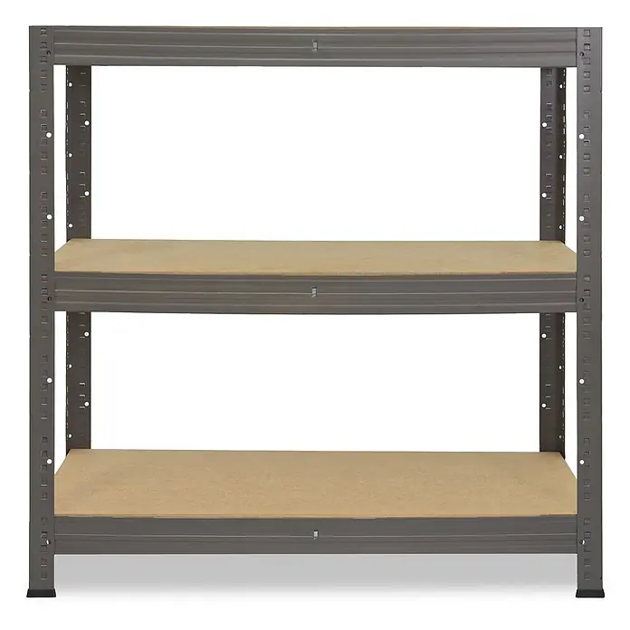 shelfplaza Schwerlastregal PRO - H x B x T: 90 x 60 x 50 cm, Traglast pro Boden: 200 kg, Stecken, grau - Dreistöckiges graues Metallregal mit hellbraunen Holzablagen.